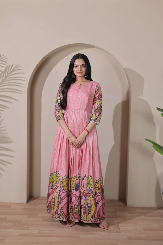 Kalamkari Print Handcrafted Folk Art Border Gown- Pink