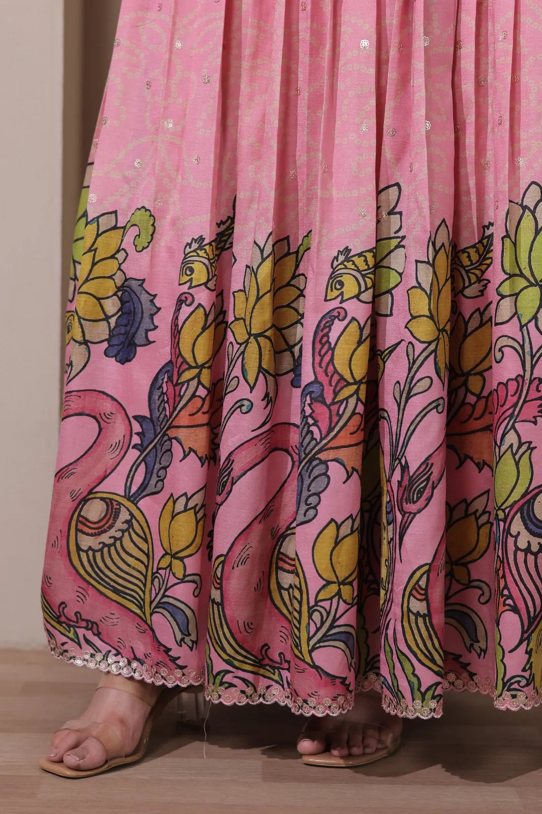Kalamkari Print Handcrafted Folk Art Border Gown- Pink