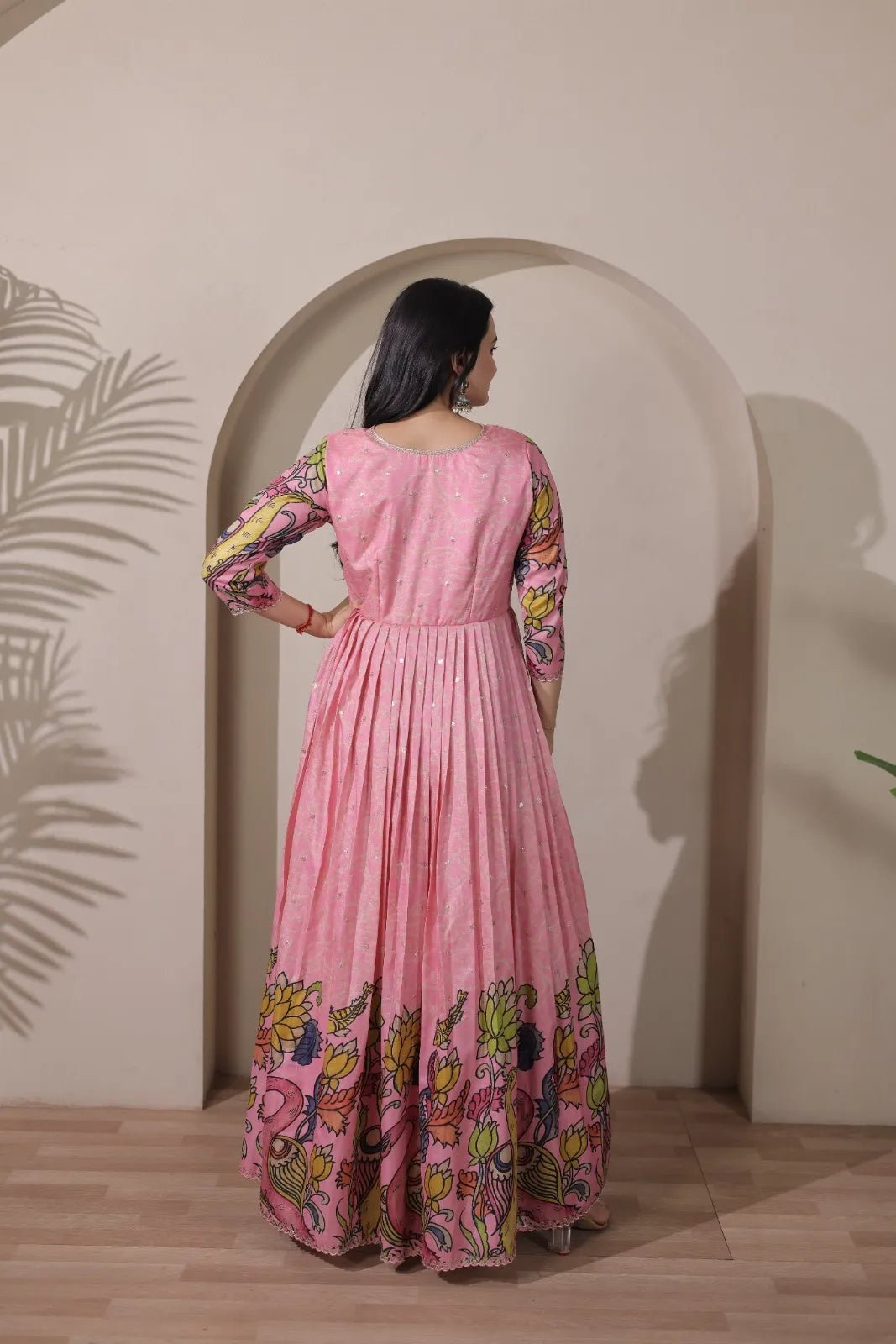 Kalamkari Print Handcrafted Folk Art Border Gown- Pink