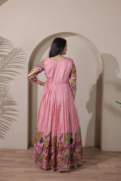 Kalamkari Print Handcrafted Folk Art Border Gown- Pink