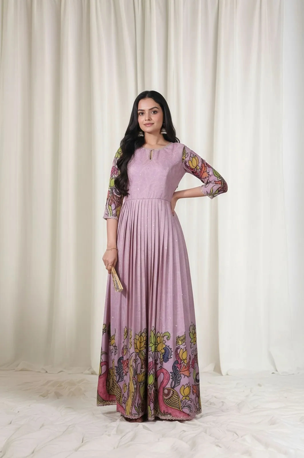 Kalamkari Print Handcrafted Folk Art Border Gown - Lavender