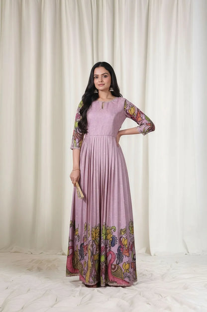 Kalamkari Print Handcrafted Folk Art Border Gown - Lavender