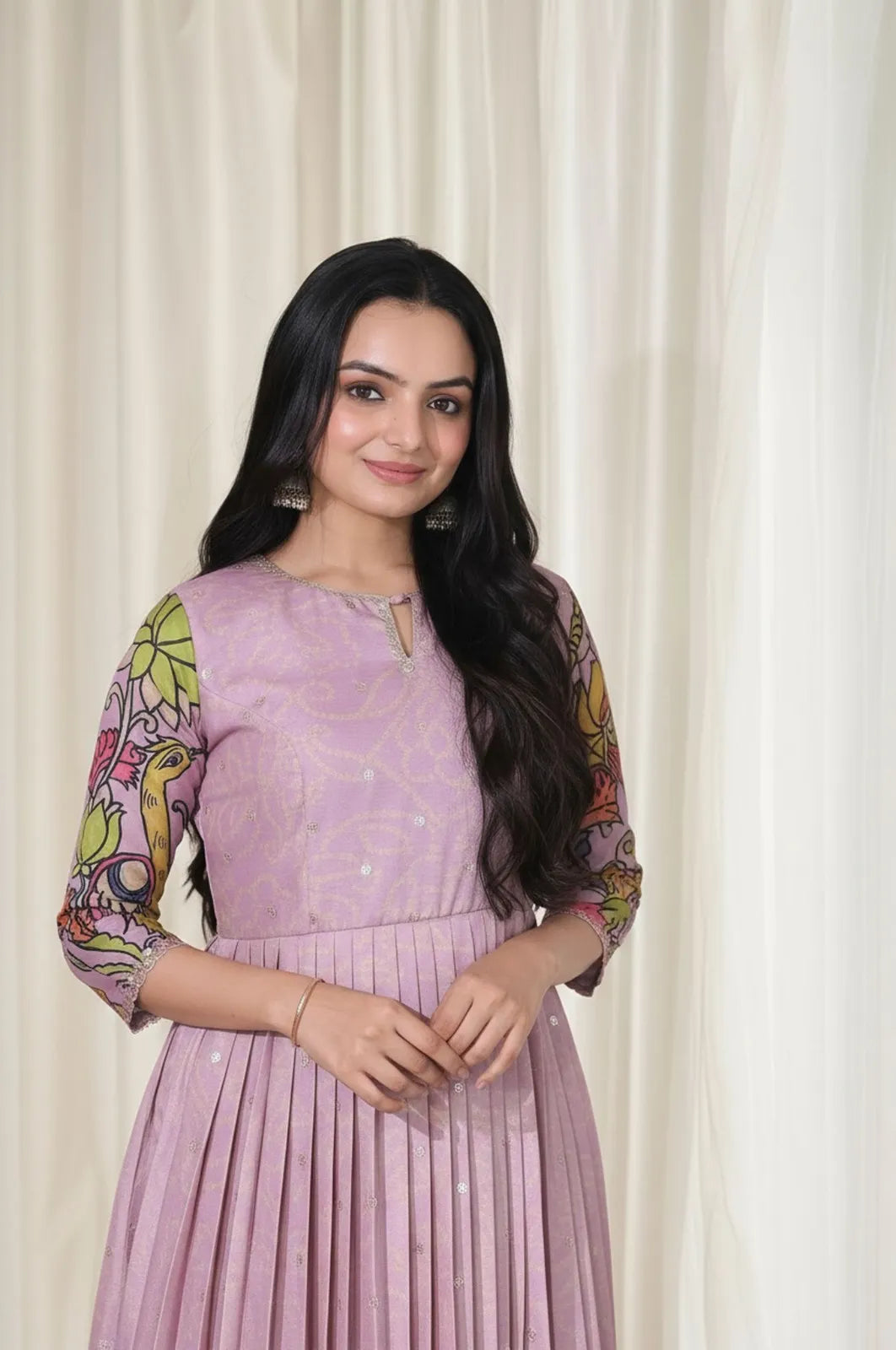 Kalamkari Print Handcrafted Folk Art Border Gown - Lavender