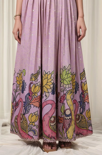 Kalamkari Print Handcrafted Folk Art Border Gown - Lavender