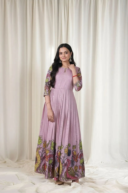 Kalamkari Print Handcrafted Folk Art Border Gown - Lavender