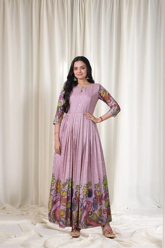 Kalamkari Print Handcrafted Folk Art Border Gown - Lavender