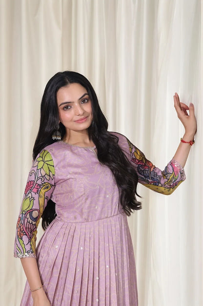 Kalamkari Print Handcrafted Folk Art Border Gown - Lavender