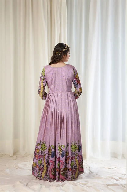 Kalamkari Print Handcrafted Folk Art Border Gown - Lavender