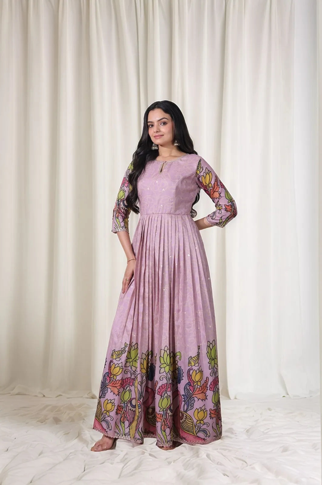 Kalamkari Print Handcrafted Folk Art Border Gown - Lavender