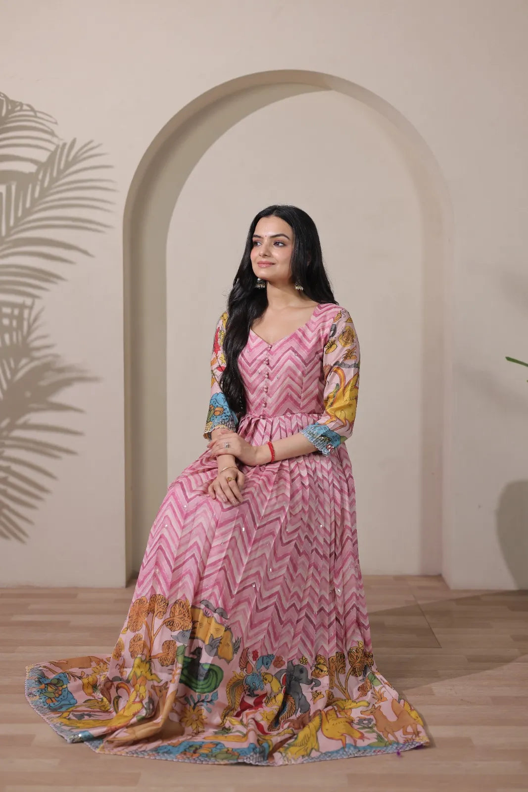 Kalamkari Print Strip Handcrafted Folk Art Border Gown - Pink