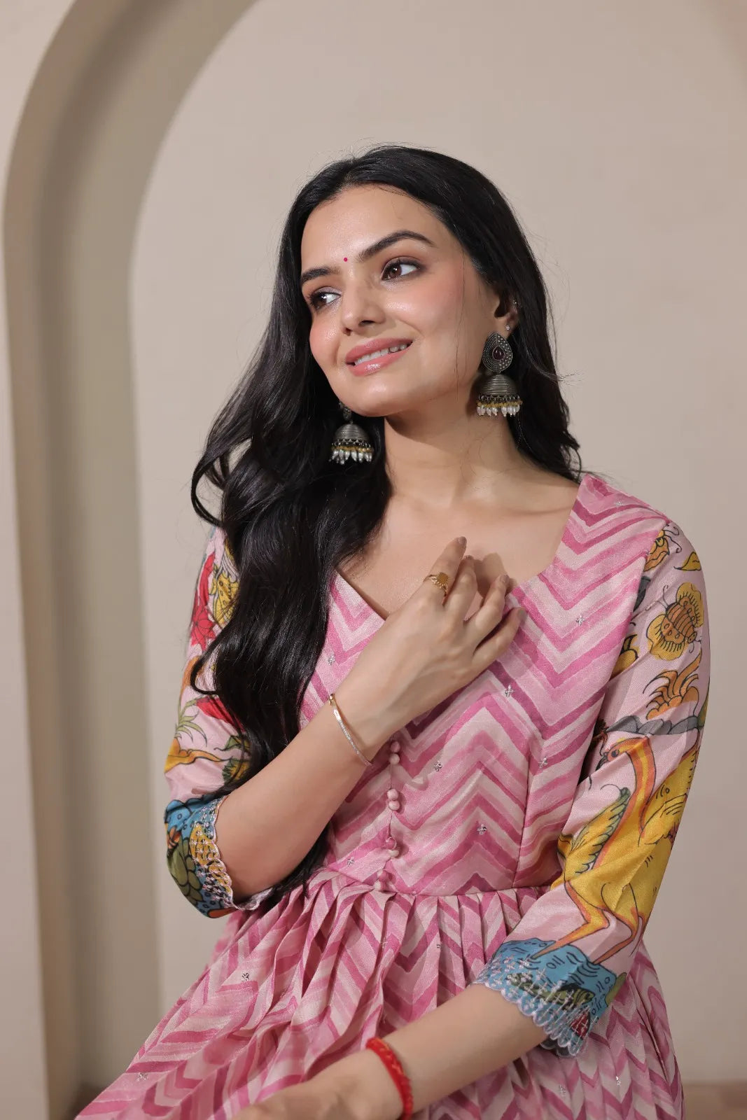 Kalamkari Print Strip Handcrafted Folk Art Border Gown - Pink