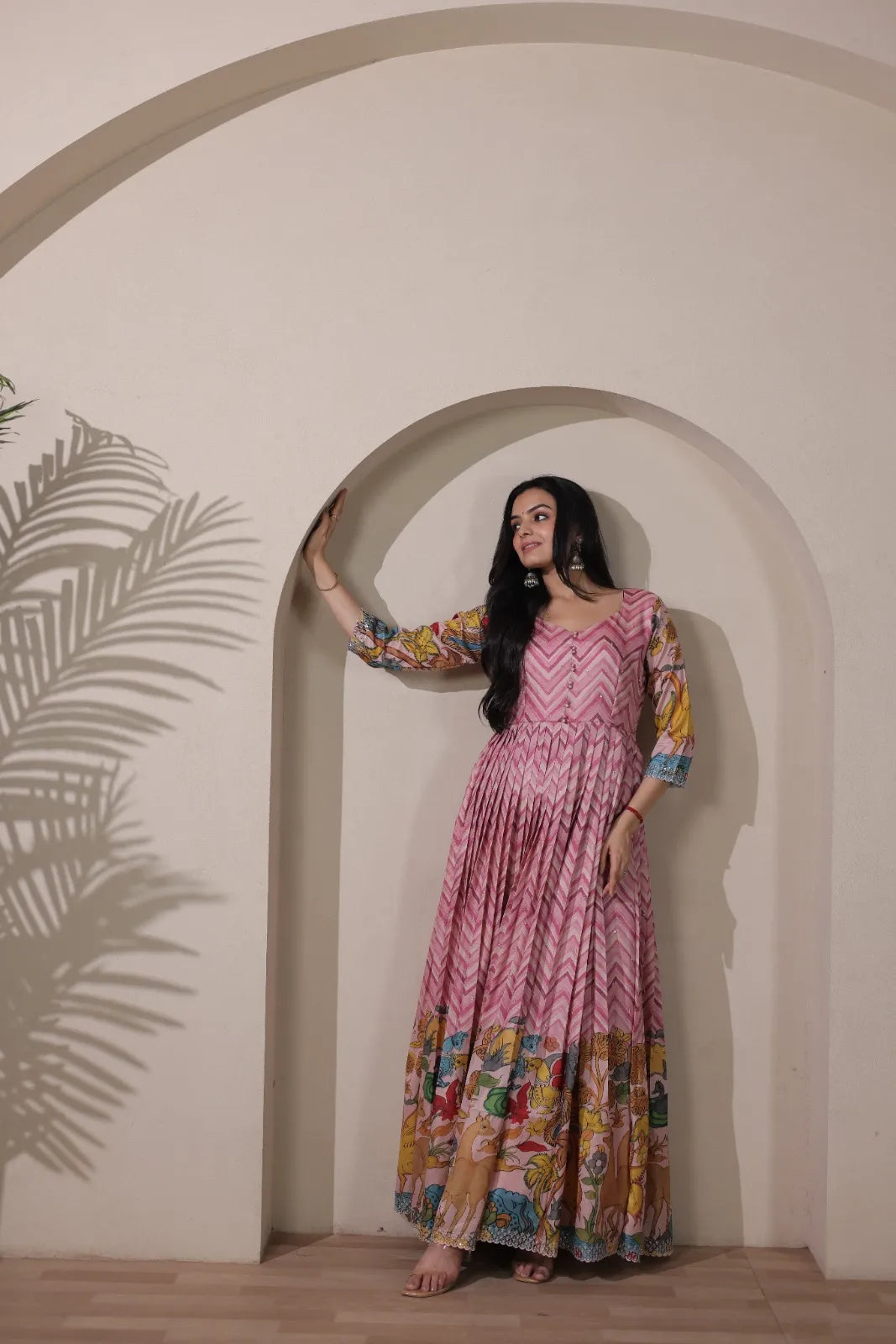 Kalamkari Print Strip Handcrafted Folk Art Border Gown - Pink