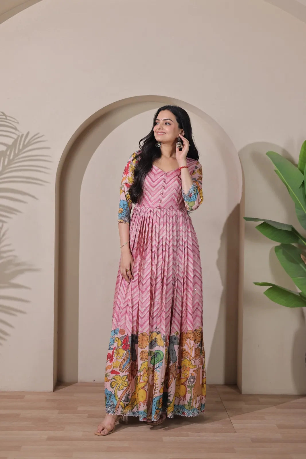 Kalamkari Print Strip Handcrafted Folk Art Border Gown - Pink