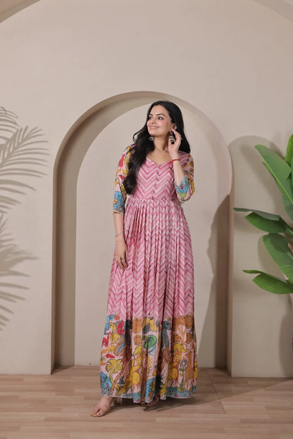 Kalamkari Print Strip Handcrafted Folk Art Border Gown - Pink
