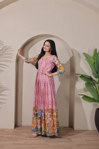 Kalamkari Print Strip Handcrafted Folk Art Border Gown - Pink