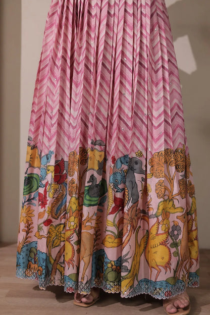 Kalamkari Print Strip Handcrafted Folk Art Border Gown - Pink