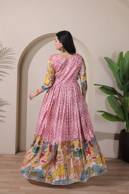 Kalamkari Print Strip Handcrafted Folk Art Border Gown - Pink