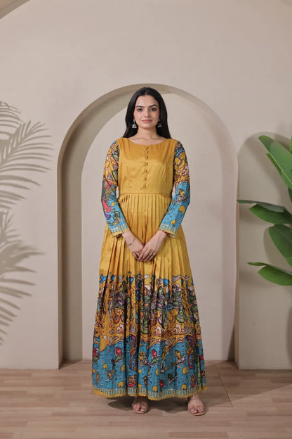 Tussar Silk Pen Kalamkari Flared Gown - Mustard
