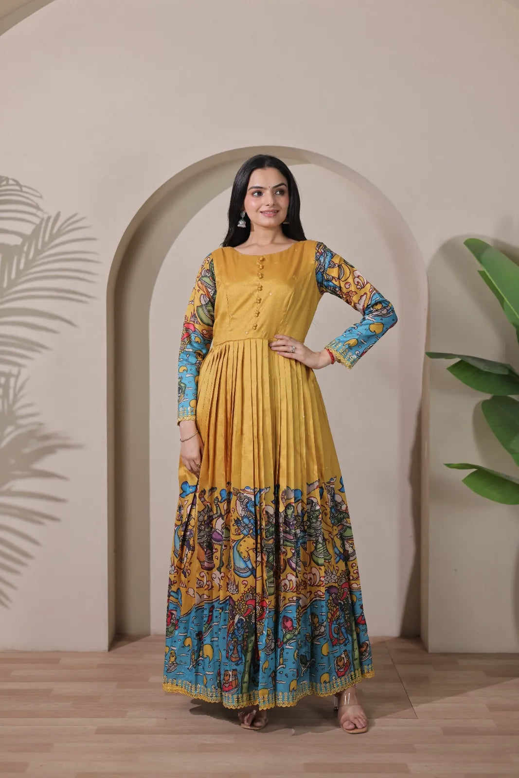 Tussar Silk Pen Kalamkari Flared Gown - Mustard