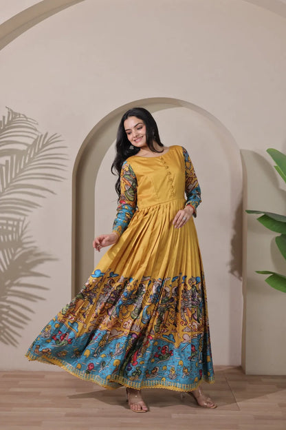 Tussar Silk Pen Kalamkari Flared Gown - Mustard