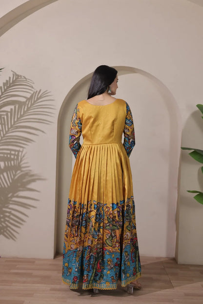 Tussar Silk Pen Kalamkari Flared Gown - Mustard