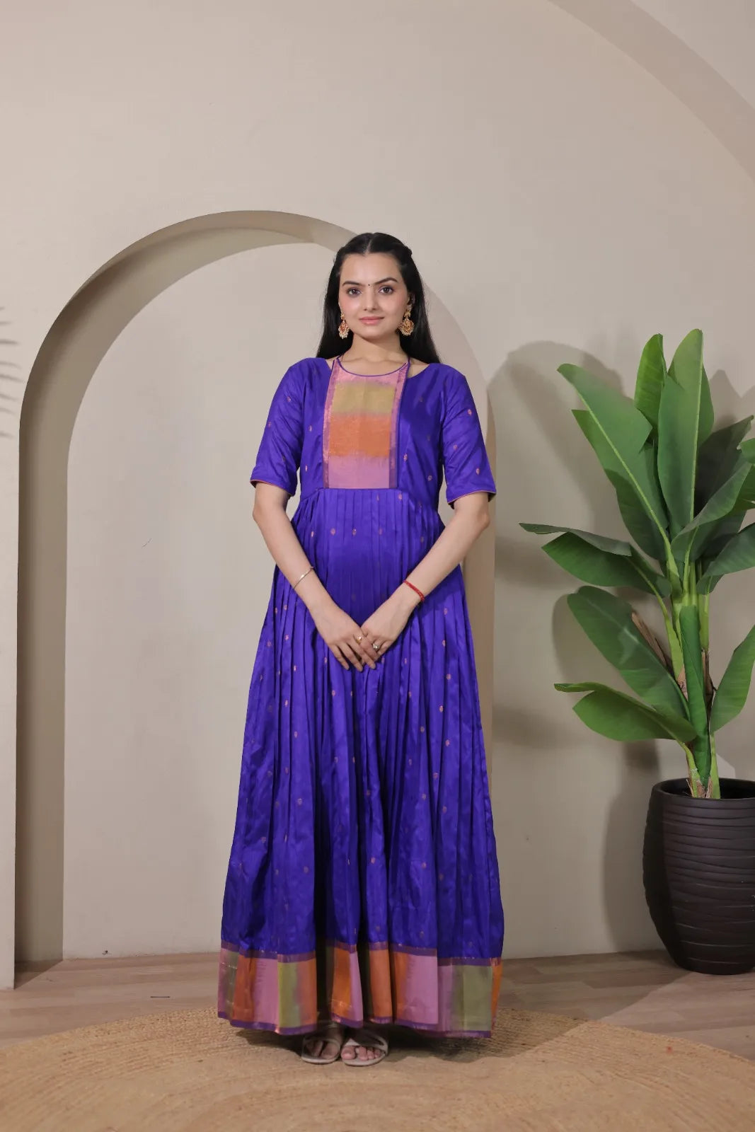 Royal Purple Silk Anarkali Pleated Flare Gown