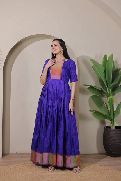 Royal Purple Silk Anarkali Pleated Flare Gown