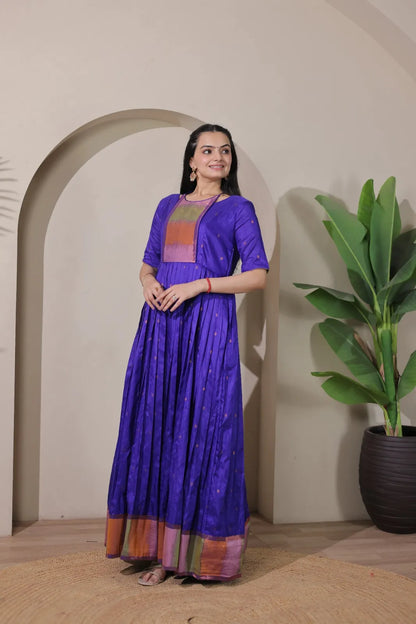 Royal Purple Silk Anarkali Pleated Flare Gown