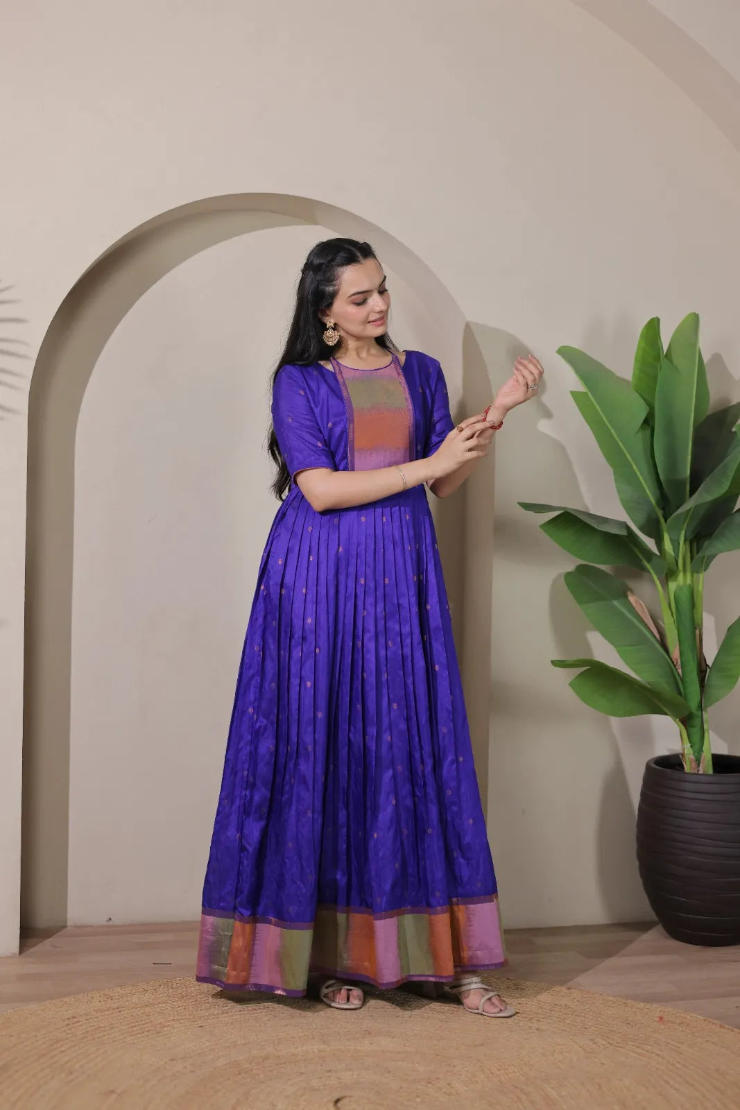 Royal Purple Silk Anarkali Pleated Flare Gown