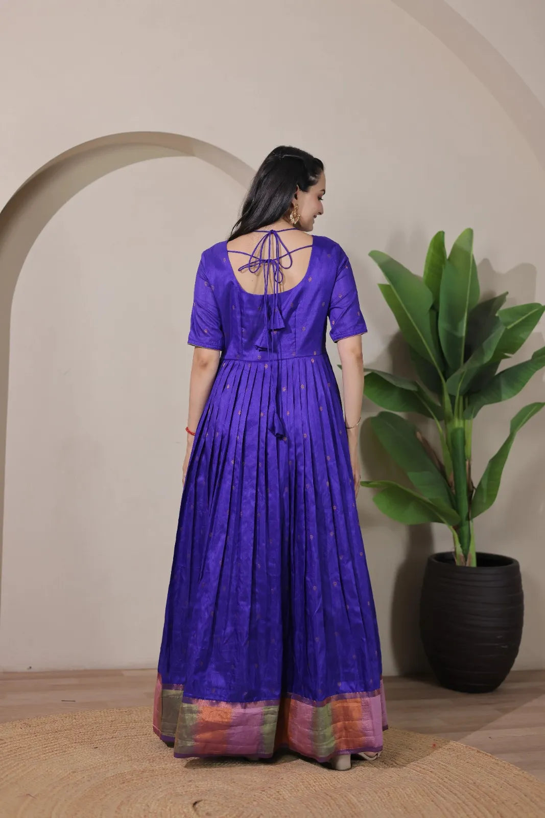 Royal Purple Silk Anarkali Pleated Flare Gown