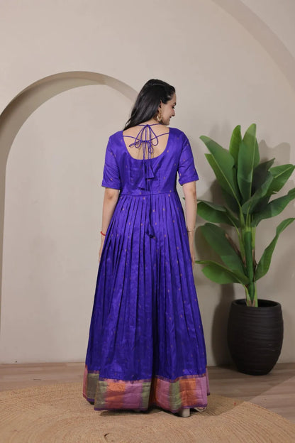 Royal Purple Silk Anarkali Pleated Flare Gown