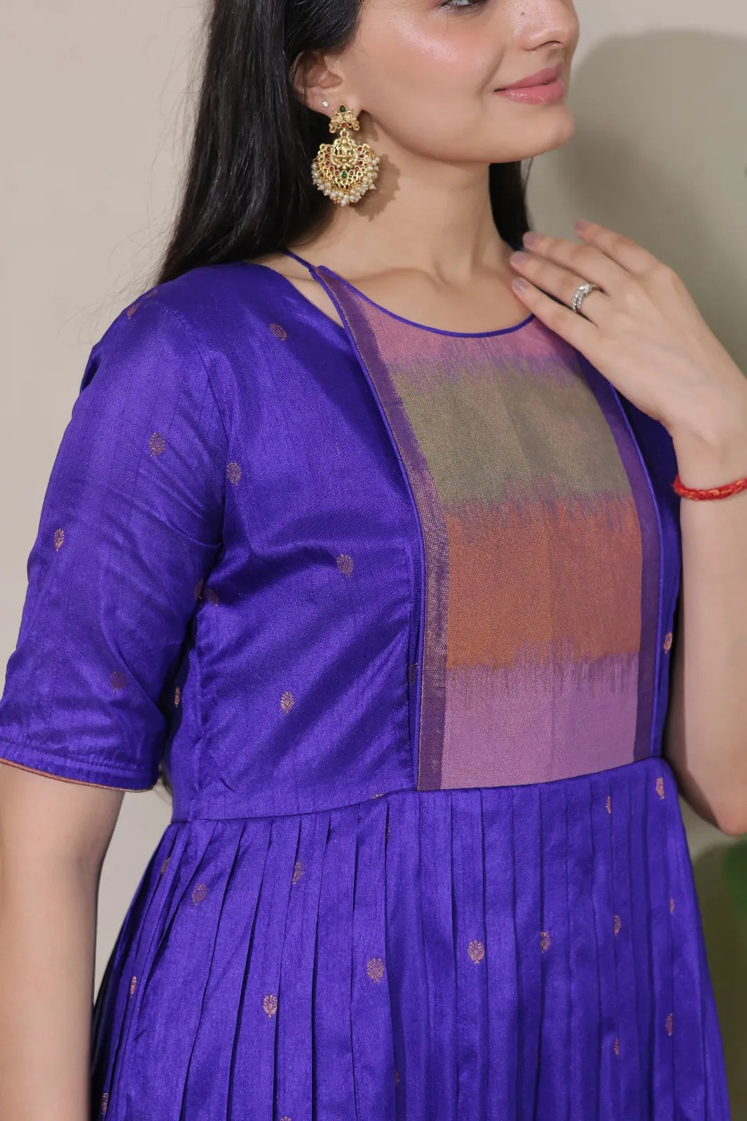 Royal Purple Silk Anarkali Pleated Flare Gown