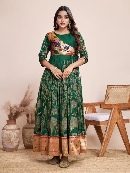 Green Paithani Gown Floral Woven Design | Festive & Wedding Wear