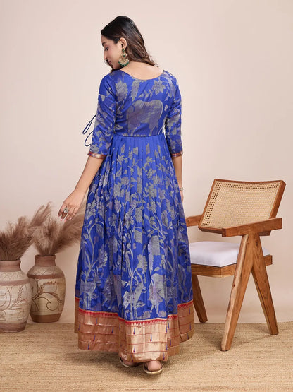 Royal Blue Paithani Gown Floral Woven Design | Festive & Wedding Wear