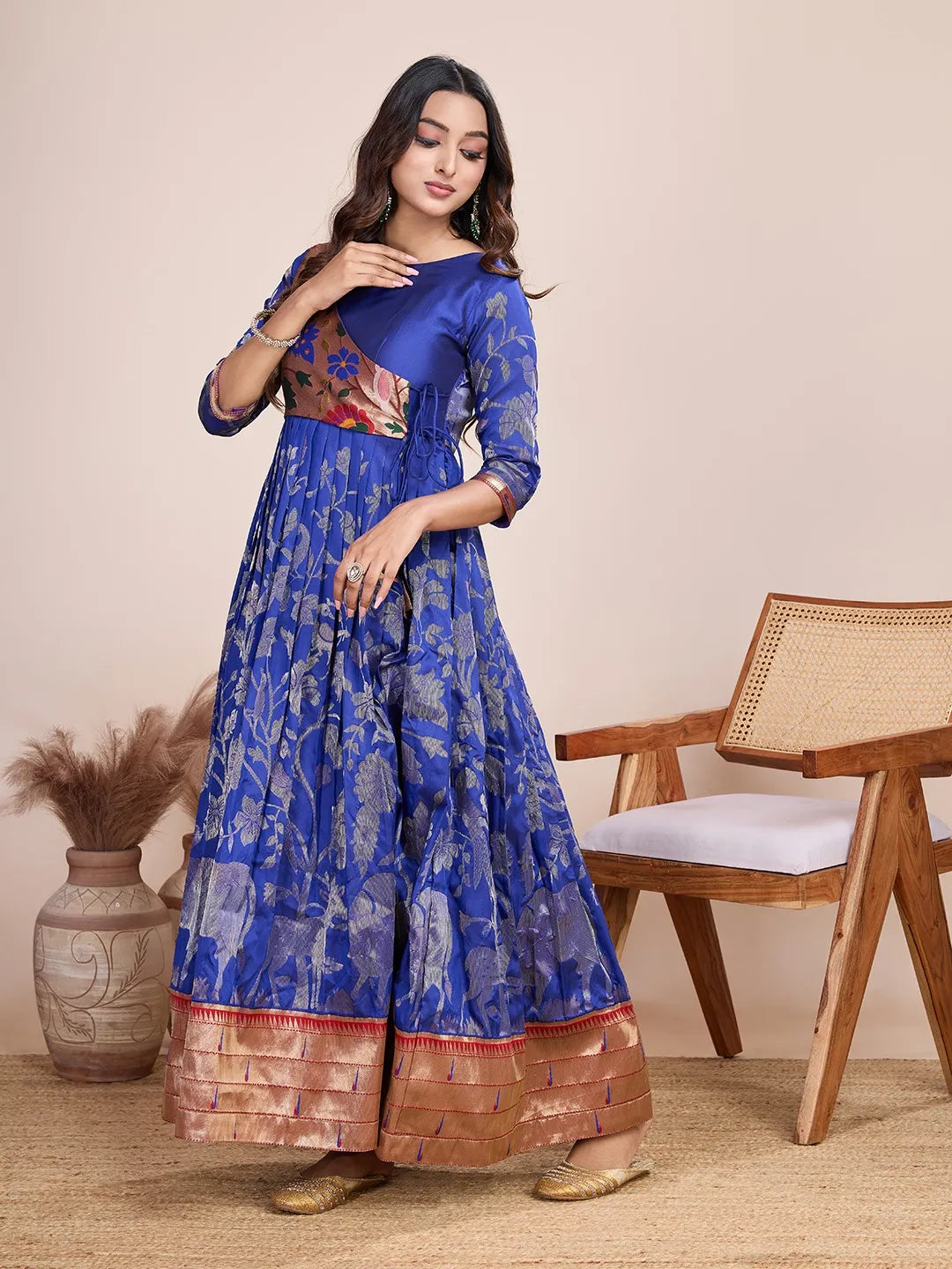 Royal Blue Paithani Gown Floral Woven Design | Festive & Wedding Wear