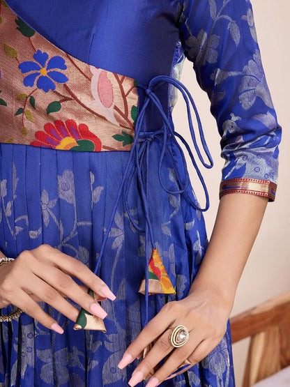 Royal Blue Paithani Gown Floral Woven Design | Festive & Wedding Wear