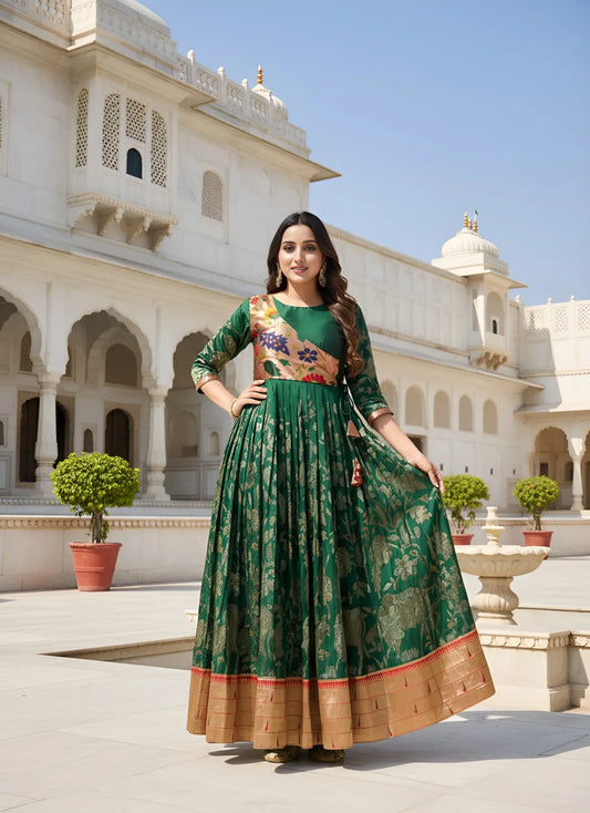 Green Paithani Gown Floral Woven Design | Festive & Wedding Wear