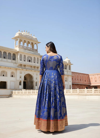 Royal Blue Paithani Gown Floral Woven Design | Festive & Wedding Wear
