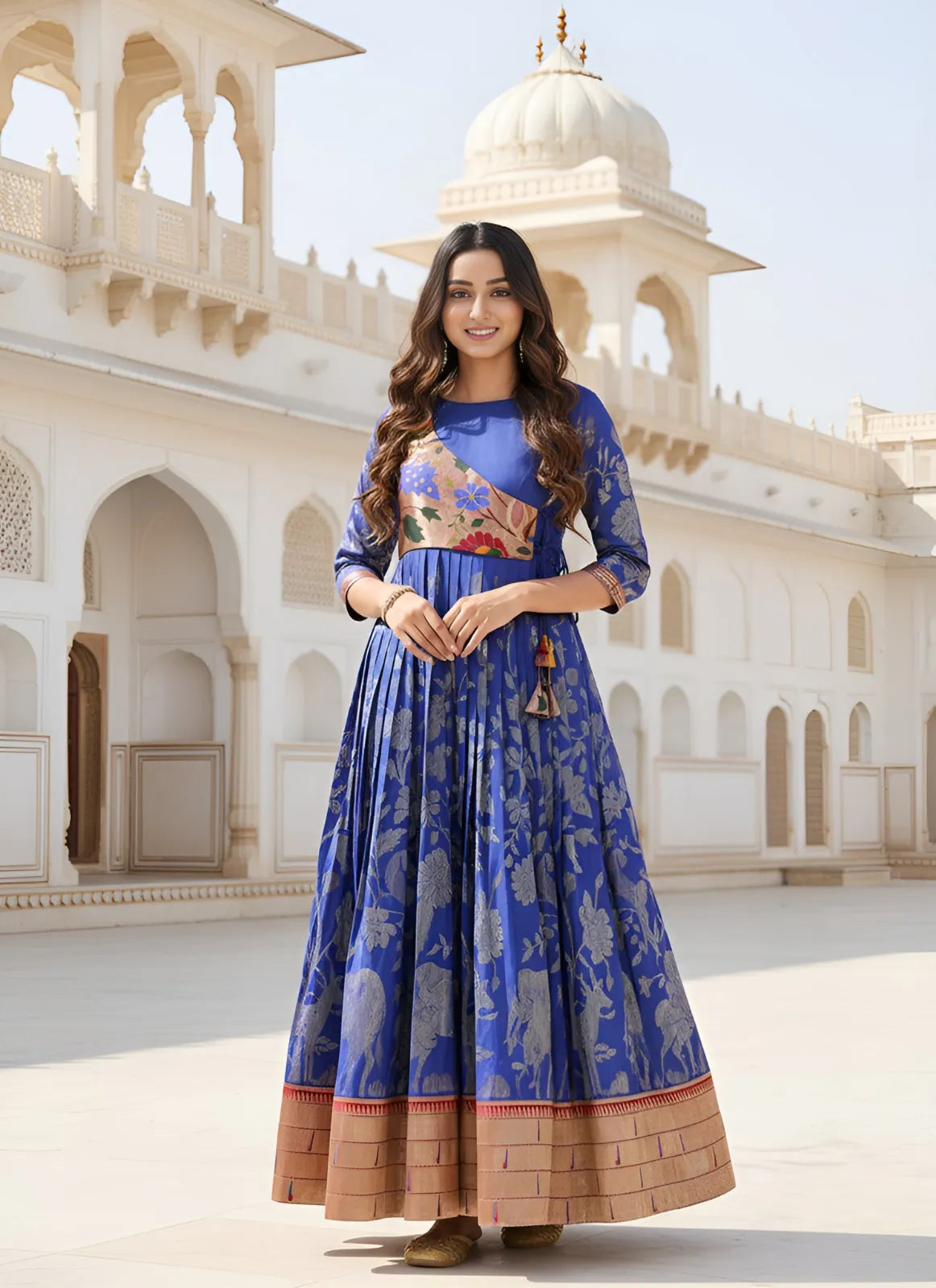 Royal Blue Paithani Gown Floral Woven Design | Festive & Wedding Wear