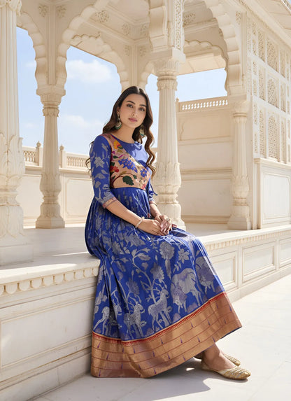 Royal Blue Paithani Gown Floral Woven Design | Festive & Wedding Wear