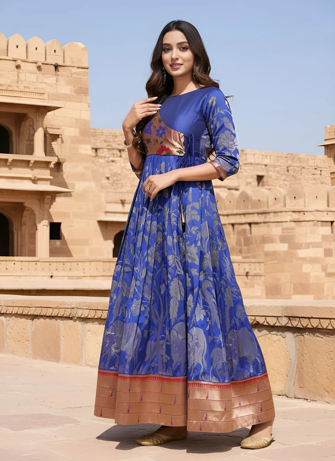 Royal Blue Paithani Gown Floral Woven Design | Festive & Wedding Wear