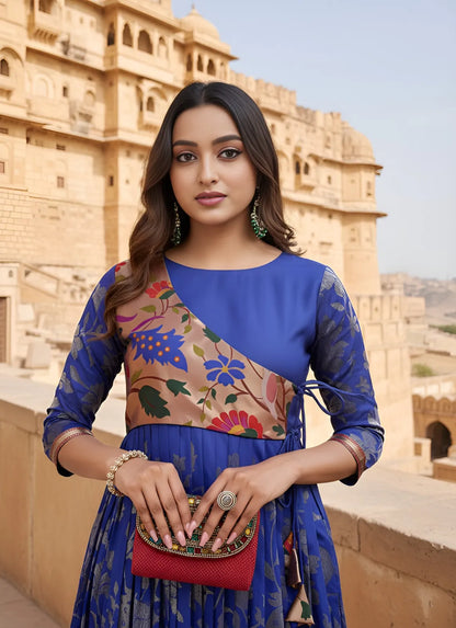 Royal Blue Paithani Gown Floral Woven Design | Festive & Wedding Wear