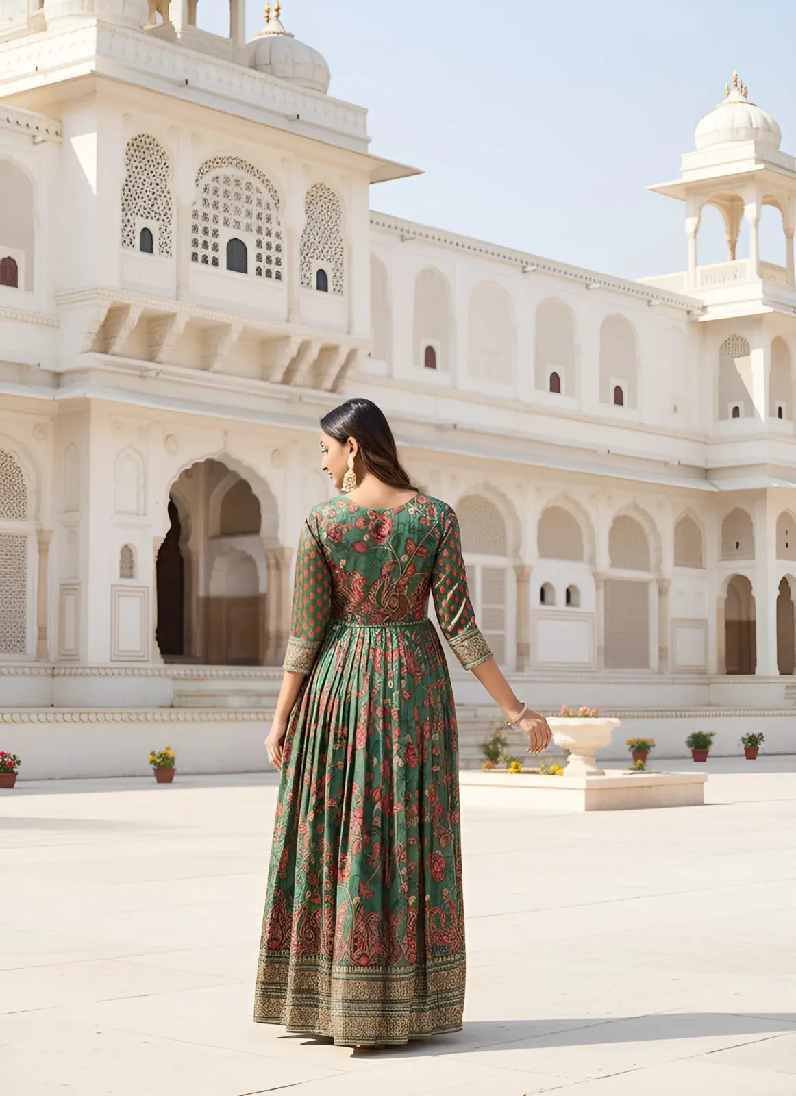 Anarkali Kalamkari Printed Floral Gown for Women - Green