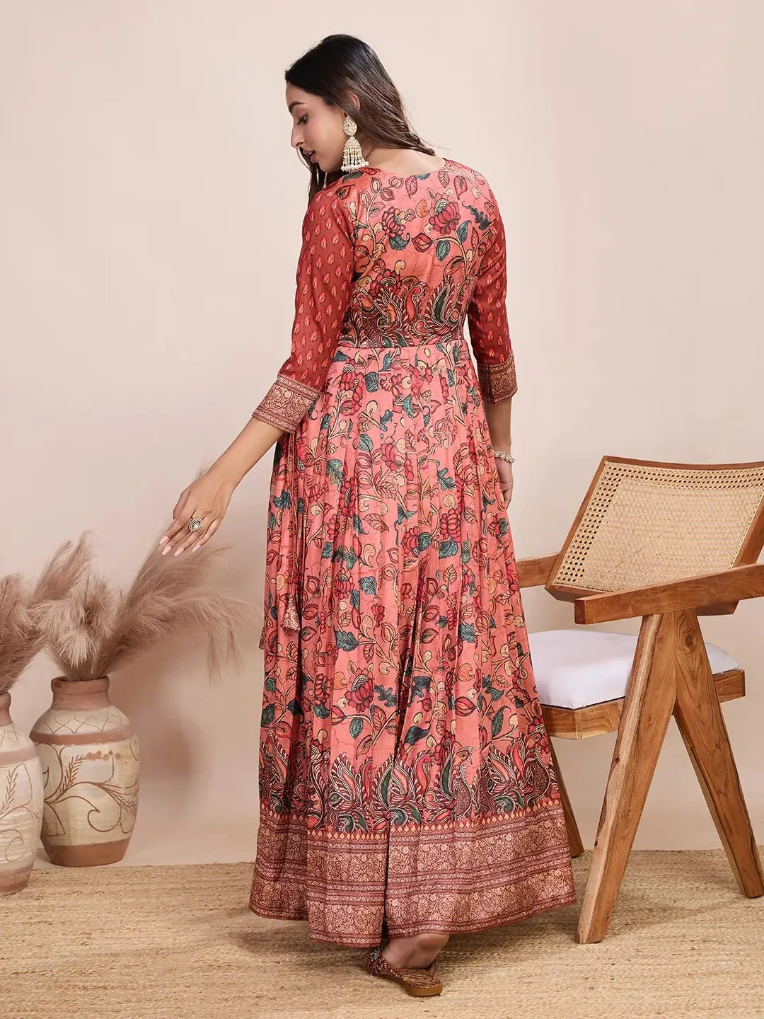 Anarkali Kalamkari Printed Floral Gown for Women - Red