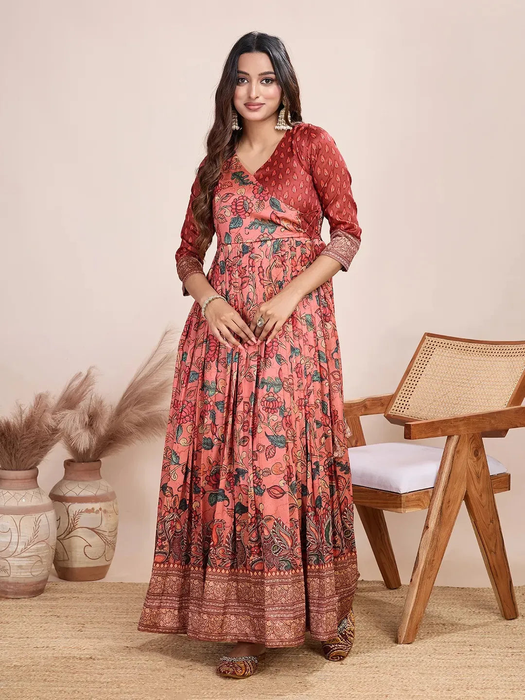 Anarkali Kalamkari Printed Floral Gown for Women - Red