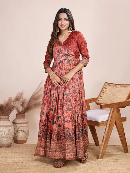 Anarkali Kalamkari Printed Floral Gown for Women - Red