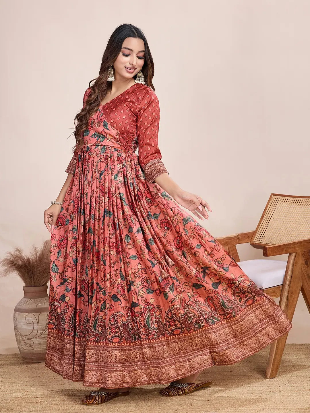 Anarkali Kalamkari Printed Floral Gown for Women - Red