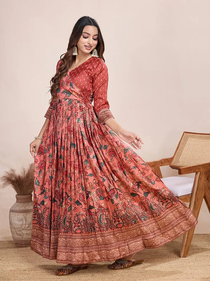 Anarkali Kalamkari Printed Floral Gown for Women - Red