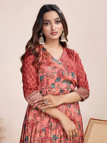 Anarkali Kalamkari Printed Floral Gown for Women - Red