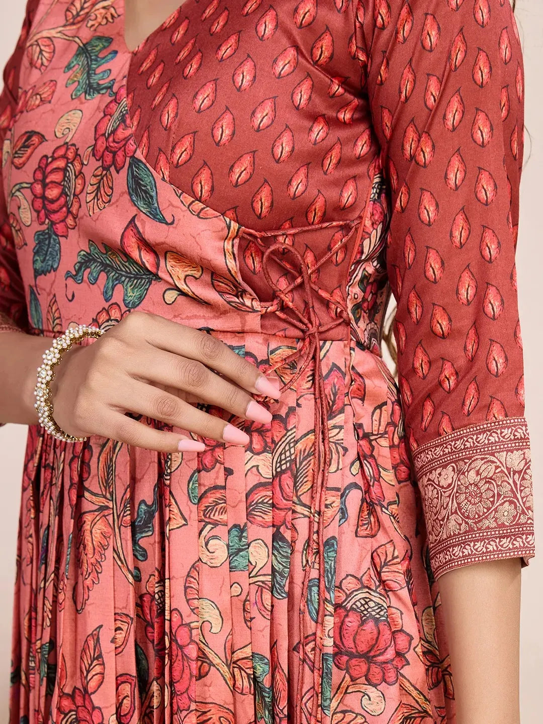 Anarkali Kalamkari Printed Floral Gown for Women - Red